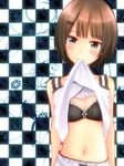  96tuki bad_id bad_pixiv_id bangs blue_eyes blunt_bangs blush bob_cut bra brown_hair camisole checkered checkered_background hair_ornament hairclip lingerie mouth_hold navel original short_hair solo underwear 