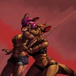  anthro biceps breast_grab breasts clothed clothing couple duo female from_behind grope kangaroo lesbian mallory mallory_dunn mammal marsupial midriff muscles muscular_female rat rodent shorts skimpy surprise tattoo teasing thekyleishere tomboy trace_(character) 