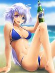  :d arm_support barefoot bikini blue_eyes bottle breasts cleavage cloud day drink fang heterochromia large_breasts lavolpe_(yagisaka_seto) legs long_hair navel open_mouth original purple_eyes silver_hair sitting sky smile solo swimsuit very_long_hair wet yagisaka_seto 