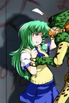  1girl adapted_costume arm_grab ascot bangs blush byoin cell_(dragon_ball) crossover dragon_ball dragon_ball_z eye_contact frog gohei green_hair grey_eyes kochiya_sanae long_hair looking_at_another monster scared school_uniform snake struggling touhou vest you_gonna_get_raped 