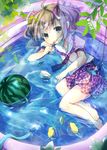  :p bad_id bad_pixiv_id barefoot bow brown_eyes brown_hair checkered checkered_skirt food fruit hair_bow highres himekaidou_hatate hose kedama_milk lying skirt solo spoon tongue tongue_out touhou twintails wading_pool water watermelon 