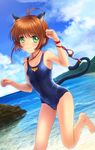  animal_ears barefoot beach bell blush brown_hair cameltoe cardcaptor_sakura cat_ears day flat_chest green_eyes highres kinomoto_sakura mutsuki_(moonknives) ocean one-piece_swimsuit outdoors paw_pose school_swimsuit shiny shiny_clothes short_hair skindentation smile solo swimsuit tail water 