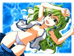  arms_up bad_proportions breasts breasts_apart cleavage green_eyes green_hair hair_ornament kochiya_sanae kurinton large_breasts lingerie long_hair navel no_bra open_clothes open_mouth open_shirt open_skirt panties shirt skirt skirt_pull smile snake solo touhou underwear 