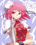  bandages breasts bun_cover cuffs double_bun flower ibaraki_kasen kumadano medium_breasts pink_eyes pink_hair rose shackles short_hair simple_background smile solo touhou upper_body 