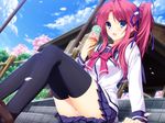  amagase_yuuki blue_eyes game_cg ice_cream iizuki_tasuku long_hair lovely_x_cation panties petals red_hair seifuku thighhighs underwear 