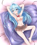  ahoge armpits arms_up barefoot blue_eyes blue_hair blush bow bowtie breasts censored denpa_onna_to_seishun_otoko duel_angel error hair_censor hair_over_breasts highres legs long_hair lying navel no_bra no_nipples open_mouth panties shiny shiny_skin skirt solo thighs topless touwa_erio underwear white_panties 