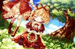  blonde_hair blush boots child closed_eyes douji dress flower head_wreath kazami_yuuka lily_of_the_valley medicine_melancholy multiple_girls outstretched_arms plaid plaid_skirt plaid_vest ribbon short_hair sitting skirt skirt_set spread_arms touhou tree vest 
