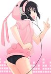  animal_ears black_eyes black_hair bunny_ears futatsuki headphones hood hoodie jacket original pointing solo 