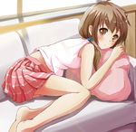  bare_legs barefoot blush brown_eyes brown_hair couch fetal_position highres looking_at_viewer ok-ray original pillow pleated_skirt skirt solo 