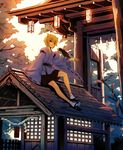  animal_ears animal_on_arm bad_id bad_pixiv_id bird bird_on_arm blonde_hair cat_ears geta japanese_clothes lantern mg_(mica) miko original red_eyes rooftop rope shide shimenawa short_hair shrine sitting solo sunset tabi 