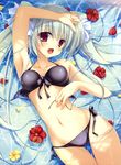  :d absurdres armpits bare_shoulders bikini blush breasts collarbone face fang flower front-tie_top fujisaki_rei hair_ribbon hibiscus highres looking_at_viewer lying medium_breasts navel on_back open_mouth original petals purple_eyes ribbon side-tie_bikini silver_hair smile solo swimsuit thigh_gap twintails water 