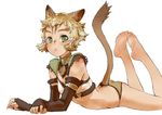  :&lt; animal_ears ass barefoot blonde_hair branch_(blackrabbits) cat_ears crop_top elbow_gloves face facial_mark feet final_fantasy final_fantasy_xi fingerless_gloves gloves green_eyes hands legs_up lying messy_hair mithra on_stomach panties petite short_hair solo tail the_pose underwear 