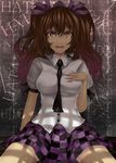  between_breasts breast_suppress breasts brown_eyes brown_hair checkered checkered_skirt clothes_between_breasts dress_shirt hair_ribbon hand_on_own_chest hat himekaidou_hatate medium_breasts necktie ribbon shadow shirt shocked_eyes sitting skirt solo touhou twintails wavy_mouth yellow_eyes yukinojou_yakan 