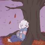  2016 alternate_species ambiguous_gender anthro autumn biped blue_clothing caprine clothing digital_media_(artwork) eyes_closed floppy_ears fur goat head_tuft leaves mammal outside pants paws petite-pumpkin protagonist_(undertale) purple_background reclining simple_background sitting sleeping smile solo sweater toes tree undertale video_games white_fur young 