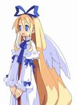  angel blonde_hair blue_eyes disgaea earrings flonne happy harada_takehito jewelry long_hair makai_senki_disgaea_4 official_art ribbon simple_background solo very_long_hair white_background wings 