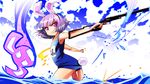  absurdres animal_ears bunny_ears bunny_tail dual_wielding fusion ghost gun hairband handgun highres hitodama holding konpaku_youmu konpaku_youmu_(ghost) one-piece_swimsuit purple_eyes purple_hair reisen_udongein_inaba revolver rifle school_swimsuit shokkin short_hair shoulder_stock solo swimsuit tail tears touhou trigger_discipline umyonge wading water weapon 