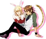  325_(im24) animal_ears bad_id bad_pixiv_id barnaby_brooks_jr blonde_hair brown_eyes brown_hair bunny_ears extra_ears facial_hair glasses green_eyes jacket jewelry kaburagi_t_kotetsu kemonomimi_mode looking_at_viewer male_focus multiple_boys necklace necktie stubble tail tiger_&amp;_bunny tiger_ears tiger_tail vest 