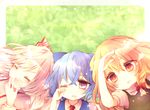  blonde_hair blue_eyes blue_hair cirno fujiwara_no_mokou kirisame_marisa lowres multiple_girls nini3piyo sleepy touhou yellow_eyes 