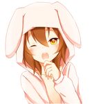  akane_(goma) animal_costume bad_id bad_pixiv_id blush brown_hair bunny_costume goma_(11zihisin) hat highres hood hoodie male_focus one_eye_closed open_clothes open_mouth open_shirt orange_eyes original otoko_no_ko shirt simple_background solo tears yawning 