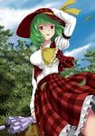  ascot breasts dress_shirt from_below green_hair hand_on_headwear hat kazami_yuuka leaf medium_breasts plaid plaid_skirt red_eyes shirt skirt smirk solo suitcase taut_clothes taut_shirt touhou umbrella vest zqhzx 