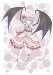  1girl adapted_costume bad_id bad_pixiv_id bare_shoulders bat_wings blue_hair bobby_socks bow bowed_wings bracelet embellished_costume frills hat hat_bow highres jewelry large_wings pointy_ears remilia_scarlet short_hair slit_pupils smile socks solo touhou tsurime wings wrist_cuffs 