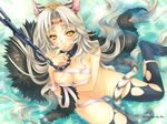  animal_ears areolae bandages black_legwear blush breasts chain collar covered_nipples highres large_breasts long_hair original riv silver_hair sitting solo submerged tail thighhighs torn_clothes torn_legwear water yellow_eyes 