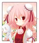  bad_id bad_pixiv_id bandages beni_shake blush bun_cover chinese_clothes double_bun flower hitodama ibaraki_kasen pink_eyes pink_flower pink_hair pink_rose rose short_hair solo touhou upper_body 