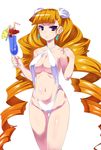  arcana_heart bad_id bad_pixiv_id bare_shoulders blonde_hair blue_eyes breasts drill_hair earrings flower glass hair_flower hair_ornament highres jewelry large_breasts long_hair navel petra_johanna_lagerkvist slingshot_swimsuit solo swimsuit torimaru twin_drills very_long_hair 