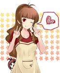  :p ;p apron brown_hair chibi hairband hidaka_ai hidaka_mai idolmaster idolmaster_dearly_stars long_hair mother_and_daughter multiple_girls one_eye_closed onion_(lemlaml) red_eyes short_hair smile tongue tongue_out v 