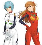  ayanami_rei bad_id bad_pixiv_id blue_hair bodysuit brown_eyes brown_hair long_hair multiple_girls neon_genesis_evangelion plugsuit red_eyes short_hair souryuu_asuka_langley watanabe_yasuaki white_bodysuit 