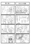  4koma alternate_costume aoki_ume_(style) blush bow check_translation comic cup depressed fang glasses greyscale hair_bow hair_ornament hair_ribbon highres kaname_madoka long_hair mahou_shoujo_madoka_magica miki_sayaka monochrome multiple_4koma multiple_girls o_o parody ponytail ribbon sakura_kyouko shadow short_hair short_twintails style_parody sweat sweatdrop teacup tomoe_mami translation_request trunkdiary twintails wide_face 