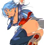  :d alabaster_(artist) ass bare_shoulders bell blue_hair breasts cleavage elbow_gloves fingerless_gloves gloves japanese_clothes kimono long_hair medium_breasts multicolored multicolored_eyes open_mouth panties rance_(series) sengoku_rance short_kimono smile solo suzume_(rance) thighhighs underwear white_panties 
