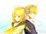  1girl back-to-back bad_id bad_pixiv_id blonde_hair blue_eyes brother_and_sister headphones kagamine_len kagamine_rin lyrah777 siblings smile twins vocaloid 