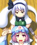  :/ :d bad_id bad_pixiv_id bow bowtie breast_rest breasts breasts_on_head ghost green_eyes hairband hat hitodama iyamato konpaku_youmu konpaku_youmu_(ghost) lap_pillow medium_breasts multiple_girls open_mouth pink_eyes pink_hair saigyouji_yuyuko short_hair silver_hair smile touhou vest 