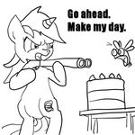  cake dirty_harry equine female food friendship_is_magic gun hasbro horn lyra_(mlp) lyra_heartstrings_(mlp) mammal monochrome my_little_pony parasprite parasprite_(mlp) ranged_weapon shotgun unicorn unknown_artist weapon 