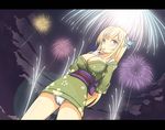  aerial_fireworks areola_slip areolae blonde_hair blue_eyes blush boku_wa_tomodachi_ga_sukunai breasts bug butterfly cameltoe cleavage fireworks hair_ornament highres hu_sea insect japanese_clothes kashiwazaki_sena large_breasts letterboxed long_hair night panties solo underwear 