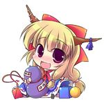  alcohol blue_dress blush bottle bow chibi dress drooling enjoy_mix gourd hair_bow horn_ribbon horns ibuki_suika long_hair lowres necktie ofuda open_mouth orange_hair ponytail red_eyes ribbon sake sitting smile solo touhou wrist_cuffs 