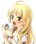  ahoge blonde_hair blush eating food green_eyes hoshii_miki idolmaster idolmaster_(classic) long_hair onigiri rice solo tilm 