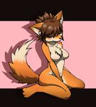  abstract_background barefoot black_background blush breasts brown_hair canine chromatic_background feet female fox furry hair highres kneeling looking_at_viewer mammal naturally_censored no_nipples nude paws pink_background plain_background rag. simple_background sitting solo tail toes tongue tongue_out 