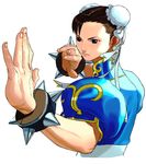  bracelet bun_cover china_dress chinese_clothes chun-li double_bun dress earrings fighting_stance foreshortening hands ikeno_daigo jewelry official_art sash solo spiked_bracelet spikes street_fighter street_fighter_iii_(series) 