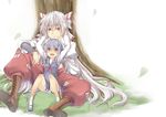  arms_up between_legs boots bow child cross-laced_footwear dress fujiwara_no_mokou hair_bow happy kamishirasawa_keine lace-up_boots long_hair looking_up multiple_girls open_mouth oukawa_yuu pants sitting smile touhou tree very_long_hair younger 
