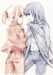  428 alphard amputee bad_id bad_pixiv_id canaan canaan_(character) coat graphite_(medium) hand_on_another's_chin highres jacket kisetsu long_sleeves multiple_girls pants ponytail profile ribbon shirt_grab sketch suspenders traditional_media 