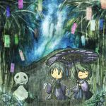  akihiyo bamboo closed_eyes green_eyes green_hair multiple_girls original panda rain tanabata umbrella 
