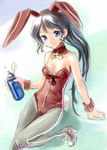  black_hair blue_eyes bottle bunny_girl bunnysuit detached_collar grey_legwear high_heels katahira_masashi long_hair original pantyhose ponytail shoes single_vertical_stripe sketch sneakers solo track_suit water_bottle wristband zipper 