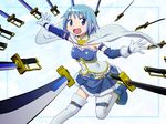  armband blue_eyes blue_hair cape gloves magical_girl mahou_shoujo_madoka_magica miki_sayaka momojiri_tarou open_mouth smile solo soul_gem sword thighhighs weapon zettai_ryouiki 