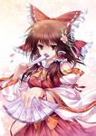  bad_id bad_pixiv_id bow brown_eyes brown_hair closed_fan covering_mouth detached_sleeves fan flower folding_fan hair_bow hair_flower hair_ornament hair_tubes hakama hakurei_reimu japanese_clothes pico_(picollector79) red_hakama solo touhou 