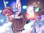  animal_ears blonde_hair bug butterfly danmaku dress fingernails fork hat highres insect long_fingernails multiple_girls mystia_lorelei outstretched_arms pink_hair purple_eyes purple_hair rumia saigyouji_yuyuko smile spread_arms touhou w.s.p wings 