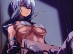  against_wall akaga_hirotaka bdsm blue_hair bondage bound breasts crop_top dark_skin duplicate highres irma large_breasts lipstick makeup pink_eyes queen's_blade short_hair stocks underboob wallpaper 