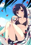  accel_world bad_id bad_pixiv_id bikini black_bikini black_hair blush breasts cameltoe chair cloud crossed_legs day hair_twirling head_tilt ise kuroyukihime legs long_hair looking_at_viewer medium_breasts ocean petals purple_eyes sandals sitting sky smile solo swimsuit underboob water 