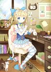  :3 animal_ears bell blonde_hair blue_eyes bow cat cat_ears cat_tail chair choker clock curtains eraser figure flower hair_bow hair_ornament hairclip heart jingle_bell juice kaname_madoka kyubey mahou_shoujo_madoka_magica original pencil ponytail ribbon sitting slippers soul_gem striped striped_legwear tail tail_ribbon thighhighs tombow_mono window yukim27 